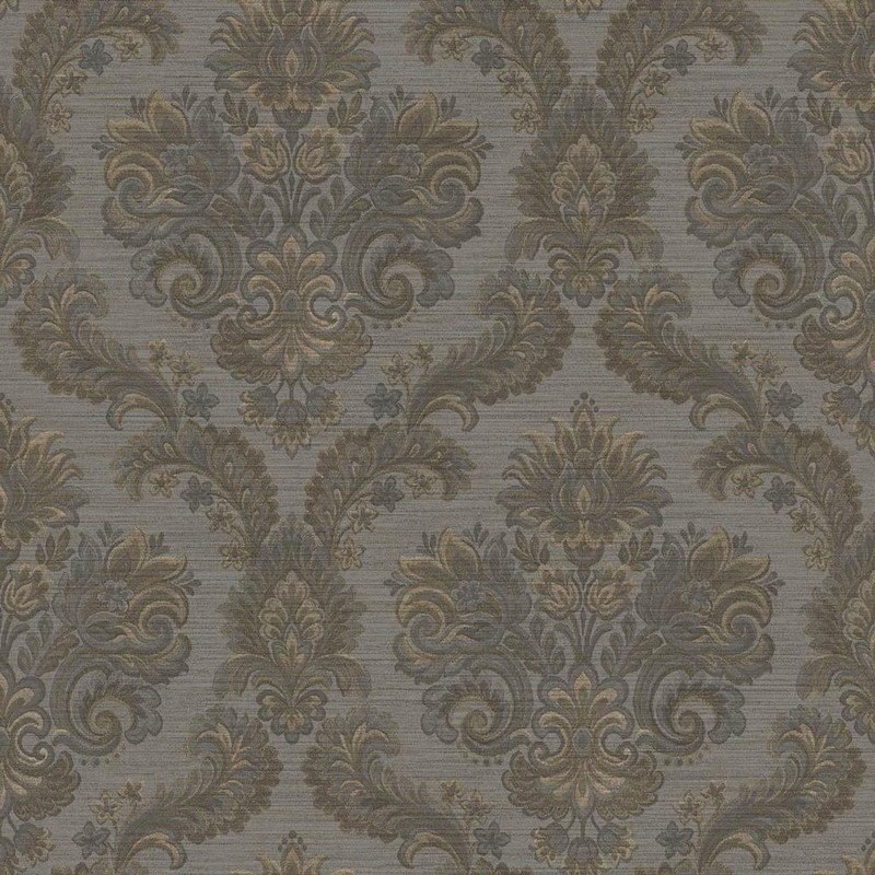 beige and grey damask wallpaper with ornate floral pattern and classic design