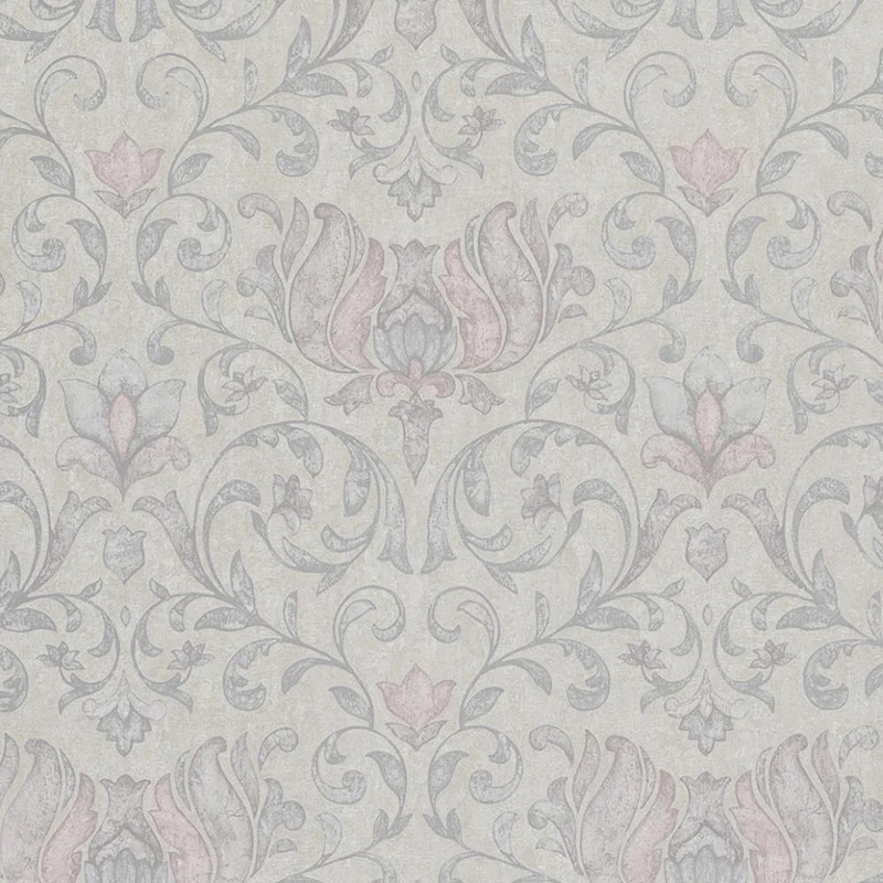 grey damask wallpaper with floral pattern and soft tonal detailing