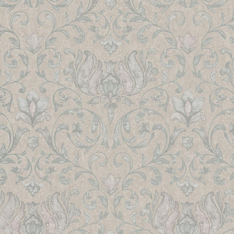 beige damask wallpaper with floral pattern and soft blue tonal detailing