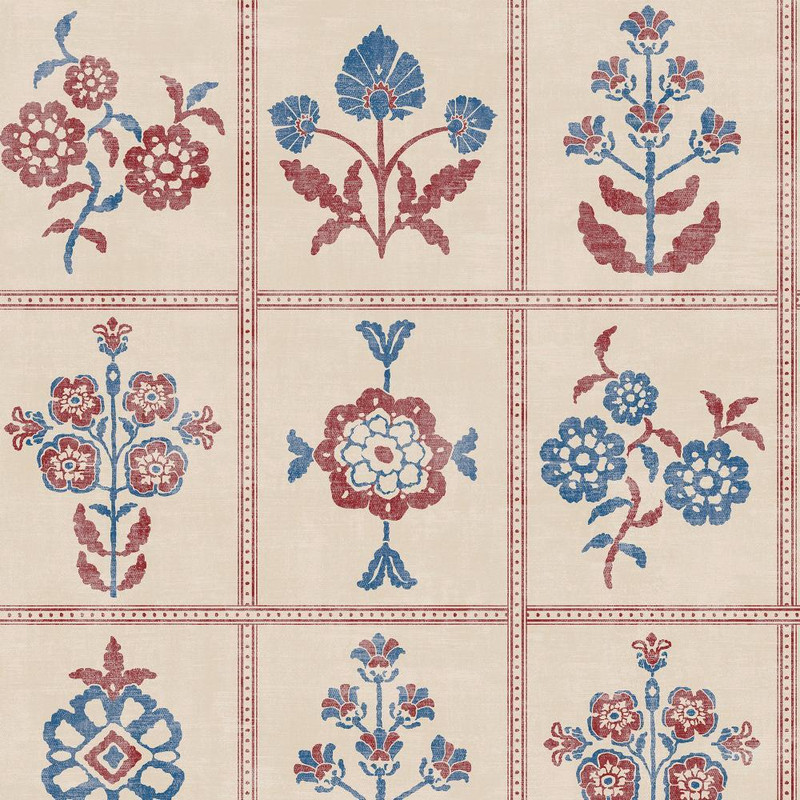 Joules - Garden Floral Grid Wallpaper - Red / Blue - 145384