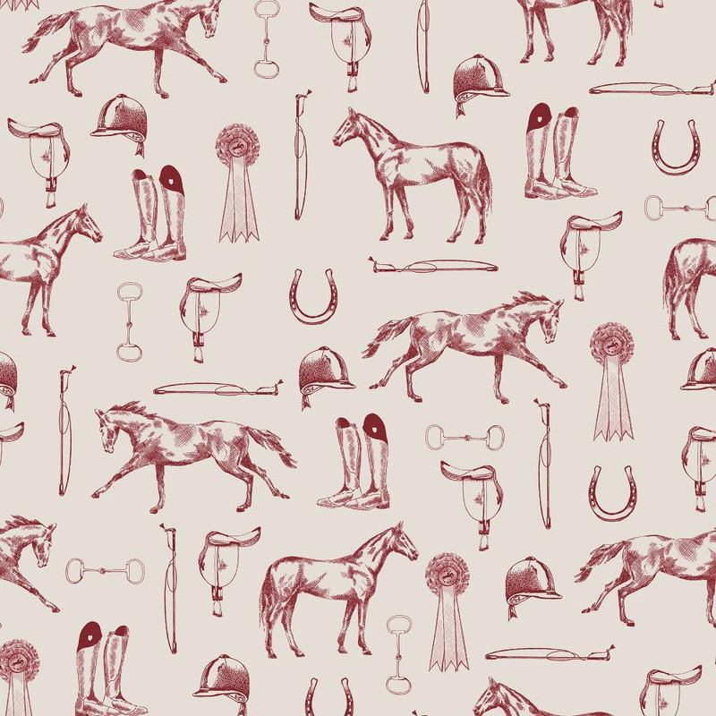 Joules - Sketched Equestrian Wallpaper -  Cream / Burgundy  - 145385