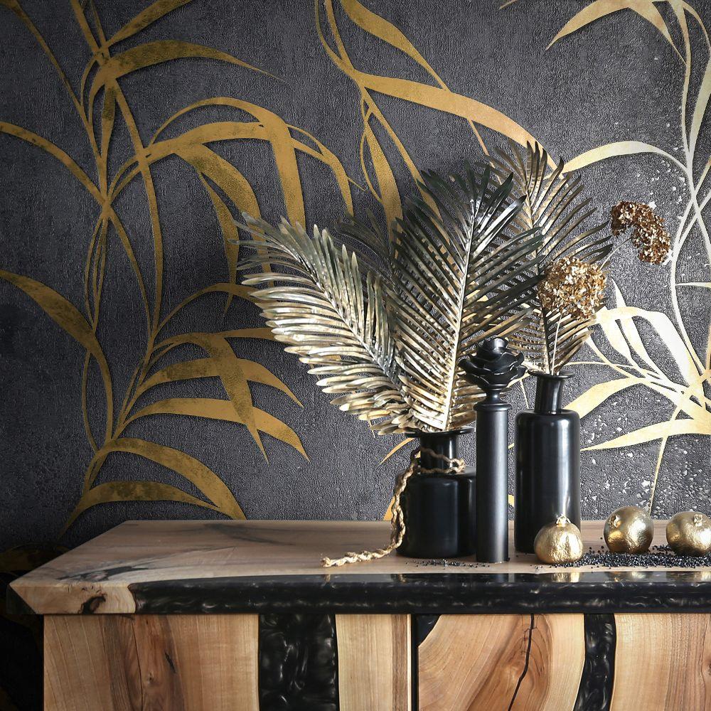 Black White Gold Look Exotic Tropical Leaves Wallpaper