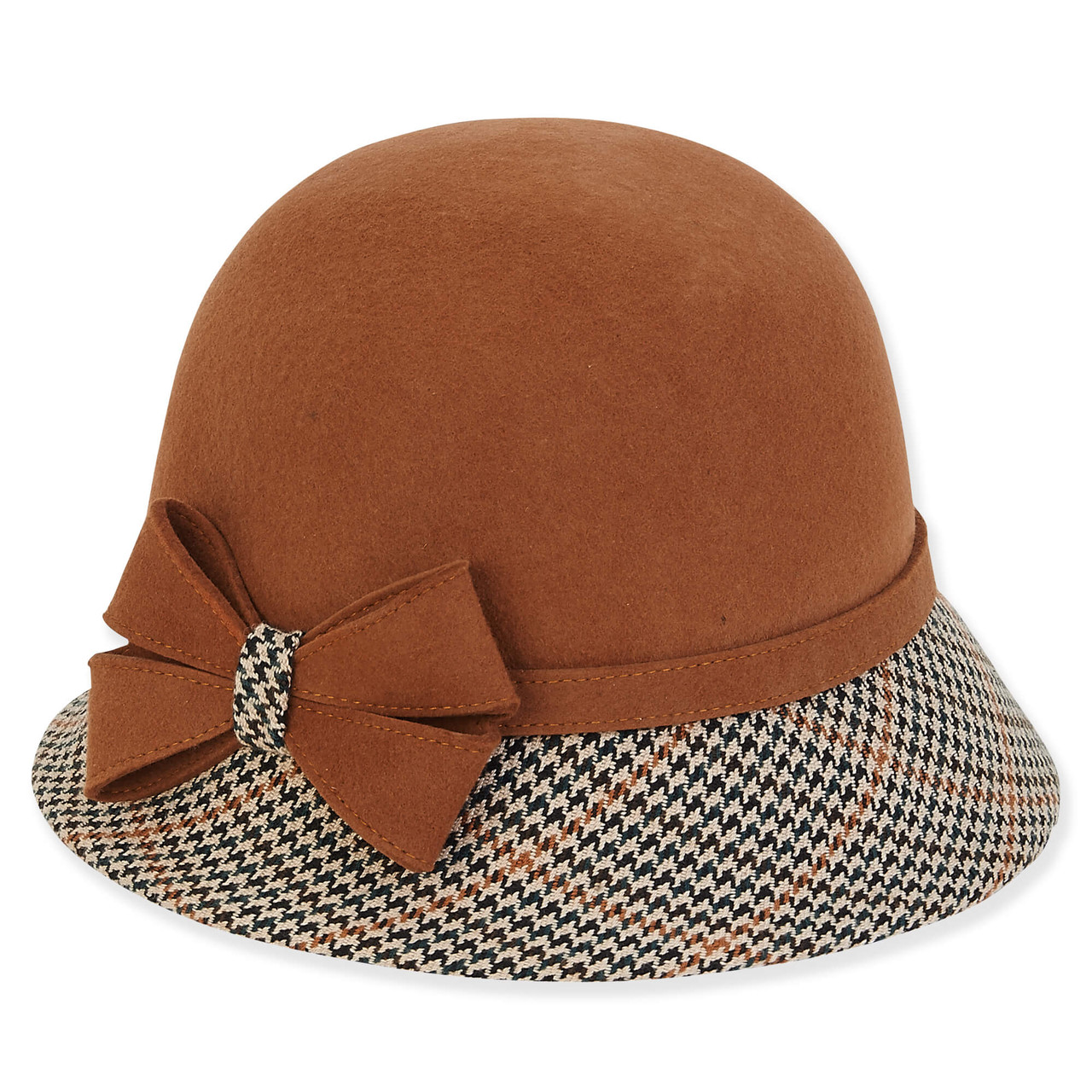 Adora Women's Wool Felt Cloche Hounds Tooth Self Bow Trim Hat