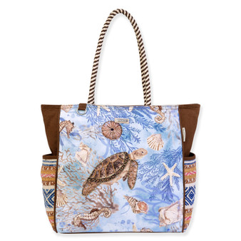Canvas beach tote bag with vintage sea turtle, starfish, and coral artwork, striped side panels, rope handles, rectangular shape, front view shown