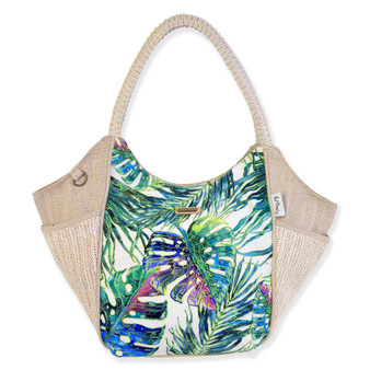 Woven straw tote bag with tropical palm leaf print front panel, multicolor bird artwork, textured side panels, rope handles, front view shown