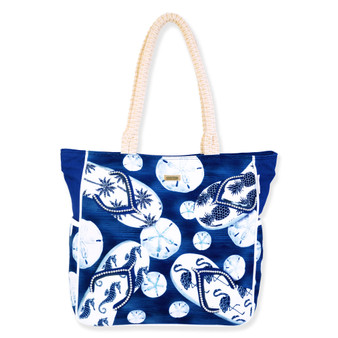 Navy blue canvas beach tote bag with white flip flop and starfish print, rope handles, soft rectangular shape, front view shown
