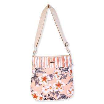 crossbody bag with floral and striped fabric insert, adjustable beige shoulder strap, rectangular silhouette, zipper top, product image.