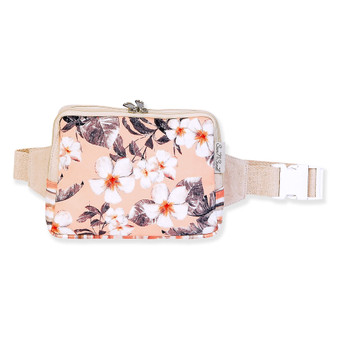 belt bag with floral fabric insert, rectangular pouch shape, silver zipper top closure, adjustable beige webbed waist strap, studio product image, front view.