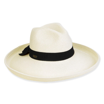 Wide brim woven white straw fedora hat with pinched crown, black grosgrain band, clean stitched edge, studio product image, front view.