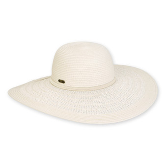 Wide brim woven white straw hat with smooth rounded crown, slim band detail, flat profile, studio product image, front view.