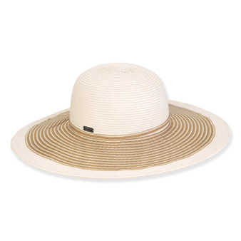 Wide brim woven white straw hat with smooth rounded crown, concentric tan striped brim pattern, slim accent band, studio image.