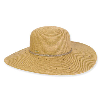 Wide brim woven straw hat with smooth textured crown, perforated ventilation pattern, tonal contrast band detail, flat structured profile, studio product image, front view.