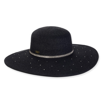 Wide brim woven black straw hat with ventilated textured crown, light contrast band, perforated brim, studio product image, front view.