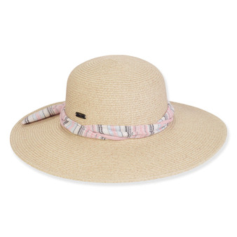 Wide brim woven straw hat with smooth textured crown, pink pastel plaid fabric tie band detail, top shape, front view.