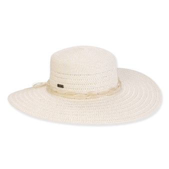 Wide brim woven white straw hat with smooth textured crown, tonal stitched fabric band, flat structured profile, clean edge brim.