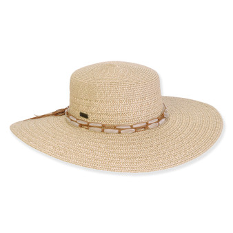 Wide brim woven straw hat with smooth textured crown, tan stitched band detail, flat structured profile, clean edge brim, studio product image, front view.
