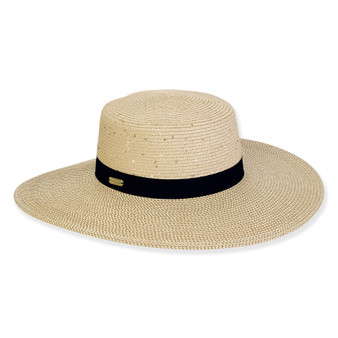 Wide brim woven white straw hat with smooth textured crown, pink striped fabric band tie, pastel edge trim, flat top, studio product image, front view.