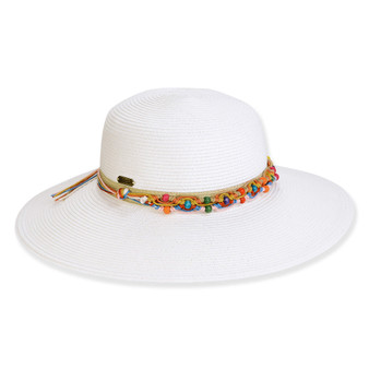 Wide brim woven white straw hat with smooth textured crown, multicolor beaded band detail, rounded top shape, studio product image, front view.
