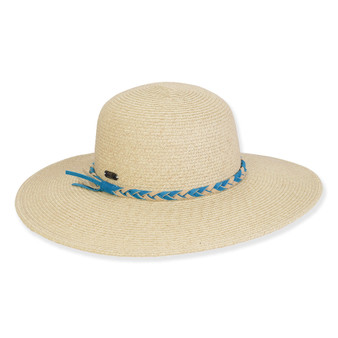 Wide brim woven straw hat with smooth textured crown, blue braided cord band, flat top profile, clean edge finish, studio product image, front view.