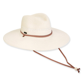 Wide brim woven straw hat with smooth textured crown, brown band, adjustable chin cord toggle, studio product photo, side view.