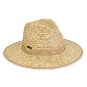 Three-quarter view of a tan woven straw fedora featuring a pinched crown and a matching tan fabric band.