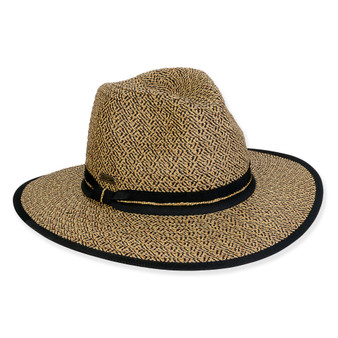 Three-quarter view of a patterned brown and black woven straw fedora with a black band and trim.