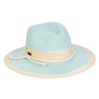 Three-quarter view of a color-block woven straw sun hat featuring a light blue pinched crown and a cream wide brim.