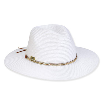 Three-quarter view of a white woven straw fedora featuring a pinched crown and a thin tan braided band.