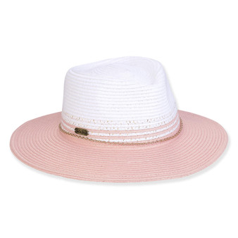 Three-quarter view of a color-block woven straw sun hat featuring a white pinched crown and a blush pink wide brim.