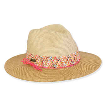 Three-quarter view of a tan woven straw sun hat featuring a pinched crown and a colorful patterned band with pink trim.