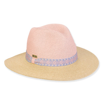 Three-quarter view of a color-block woven straw sun hat featuring a pink pinched crown and a tan brim with a patterned band.