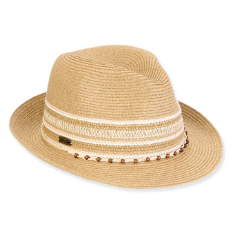 Three-quarter view of a tan woven straw fedora featuring a pinched crown, white patterned band, and brown beaded trim.