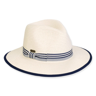 Three-quarter view of a white woven straw sun hat featuring a pinched crown and a navy striped ribbon bow band.