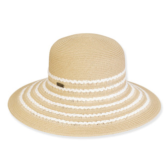 Three-quarter view of a tan woven straw sun hat featuring a rounded crown and white horizontal striped accents.