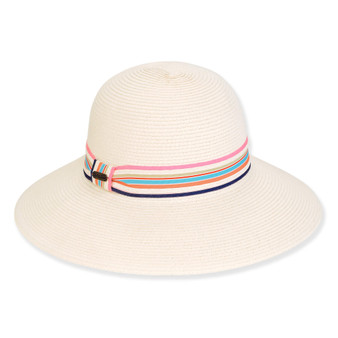 Three-quarter view of a white woven straw sun hat featuring a rounded crown and a colorful striped fabric band.