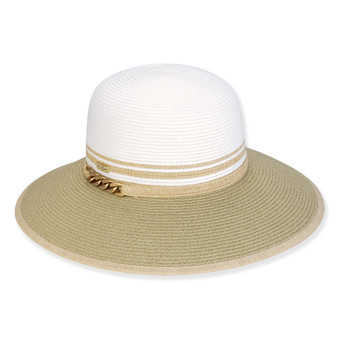 Three-quarter view of a white woven straw sun hat featuring a rounded crown and a tan chain decorative band.