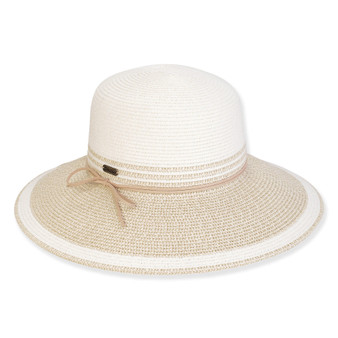 Three-quarter view of a white woven straw sun hat featuring a rounded crown and a tan corded bow band.