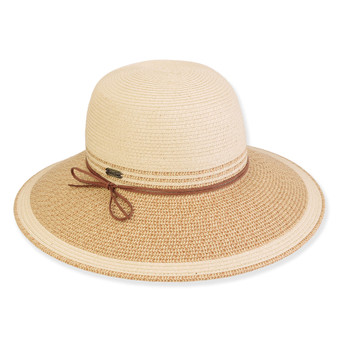 Three-quarter view of a cream woven straw sun hat featuring a rounded crown and a brown corded bow band.