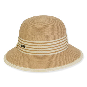 Three-quarter view of a tan woven straw sun hat featuring a rounded crown and a white striped decorative band.