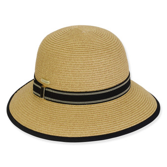 Three-quarter view of a tan woven straw sun hat featuring a rounded crown and a black striped ribbon band.