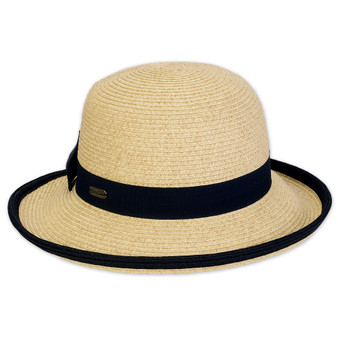 Three-quarter view of a tan woven straw sun hat featuring a rounded crown and a navy blue ribbon band.

SEO Strategy Breakdown
View Type Identification: Classified as a three-quarter view to provide AI crawlers with necessary spatial data to understand the hat's depth and rounded crown structure.

Material & Style: Specifically labeled as a tan woven straw sun hat to capture high-intent searches for classic summer headwear and breathable, natural materials.

Decorative Details: Highlights the navy blue ribbon band, which serves as a vital visual marker for style-filtered searches focusing on feminine accents or nautical-inspired accessories.

Silhouette Markers: Mentions the rounded crown and sloping brim with navy trim to help search engines accurately index the product for users seeking a soft, sophisticated, and protective aesthetic.

Efficiency: At exactly 18 words, the tag strikes the ideal balance between descriptive detail and metadata efficiency for modern SEO standards.