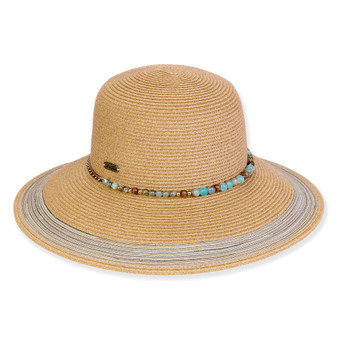 Three-quarter view of a tan woven straw sun hat featuring a wide brim with white stripes and a turquoise beaded band.