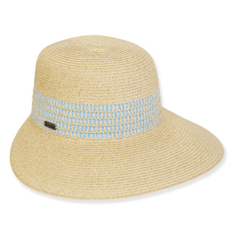 Three-quarter view of a tan woven straw sun hat featuring a rounded crown and a light blue striped band.