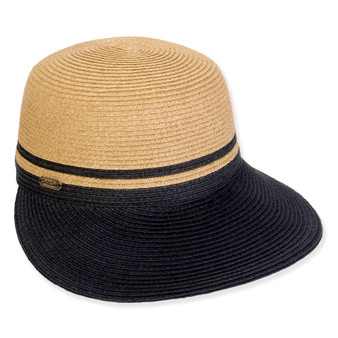 Three-quarter view of a two-tone woven straw sun hat featuring a tan crown and a contrasting navy blue brim.