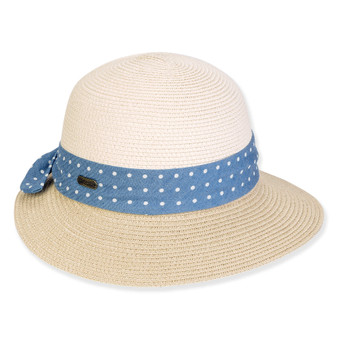 Three-quarter view of a two-tone straw sun hat featuring a cream crown, tan brim, and a blue polka-dot band.