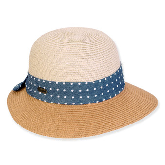 Three-quarter view of a two-tone straw sun hat featuring a cream crown, tan brim, and a blue polka-dot band.