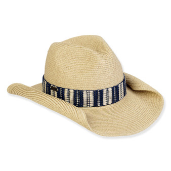 Three-quarter view of a tan paper straw cowboy hat featuring a soft curved brim and a navy striped band.
