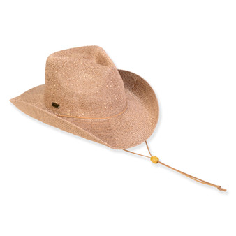 Three-quarter view of a tan woven straw cowboy hat featuring a curved brim and an adjustable toggle chin cord.