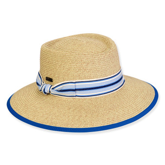 Three-quarter view of a tan woven straw boater hat featuring a blue and white striped ribbon band and a matching blue-edged brim.