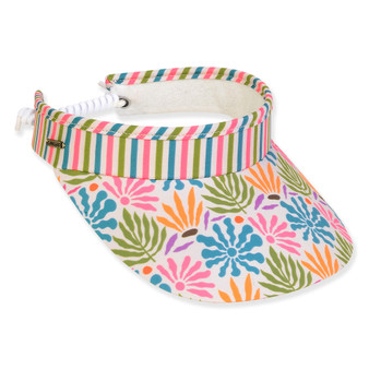 Three-quarter view of a sun visor featuring a striped headband, vibrant floral print brim, and white coiled elastic strap.